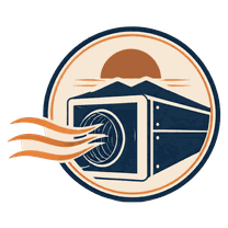 Desert Ducts badge &mdash; a duct with airflow lines, mountains and a desert sun